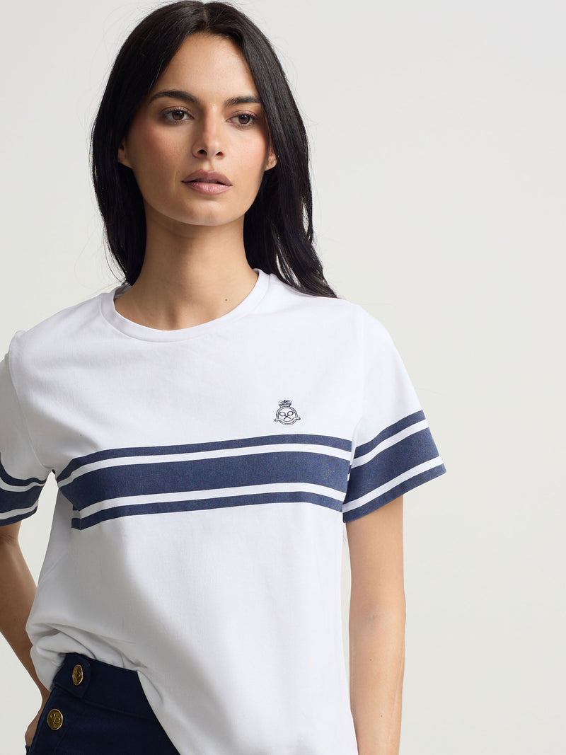 T-shirt mulher emblema faixa azul
