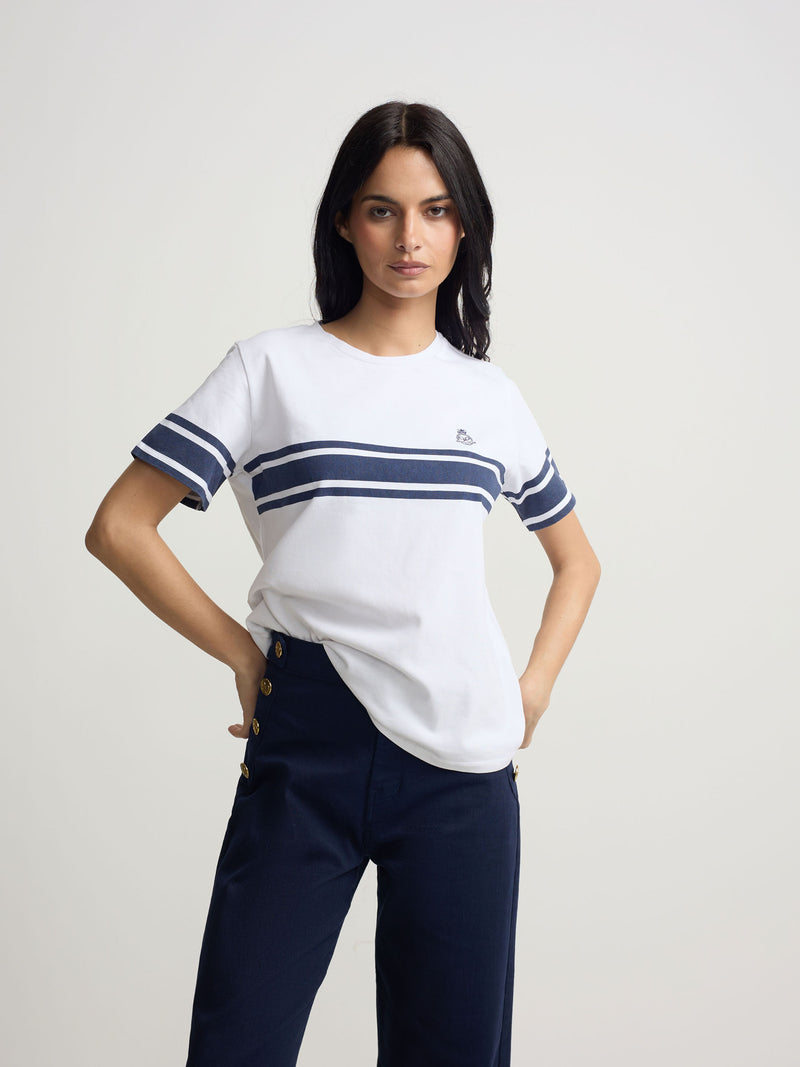 T-shirt mulher emblema faixa azul
