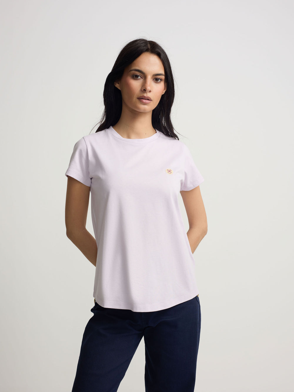 Woman smile t-shirt with purple print