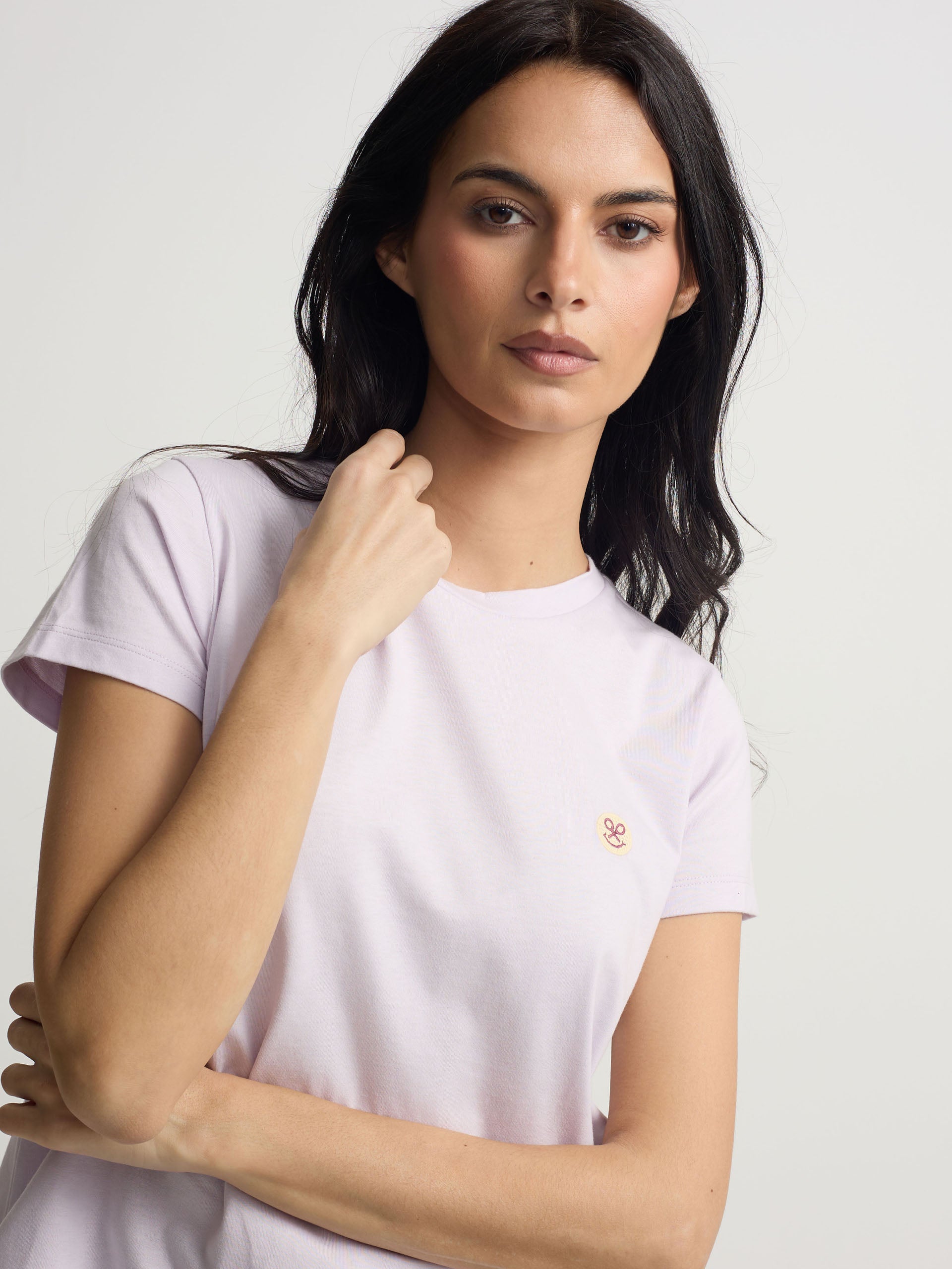 Woman smile t-shirt with purple print