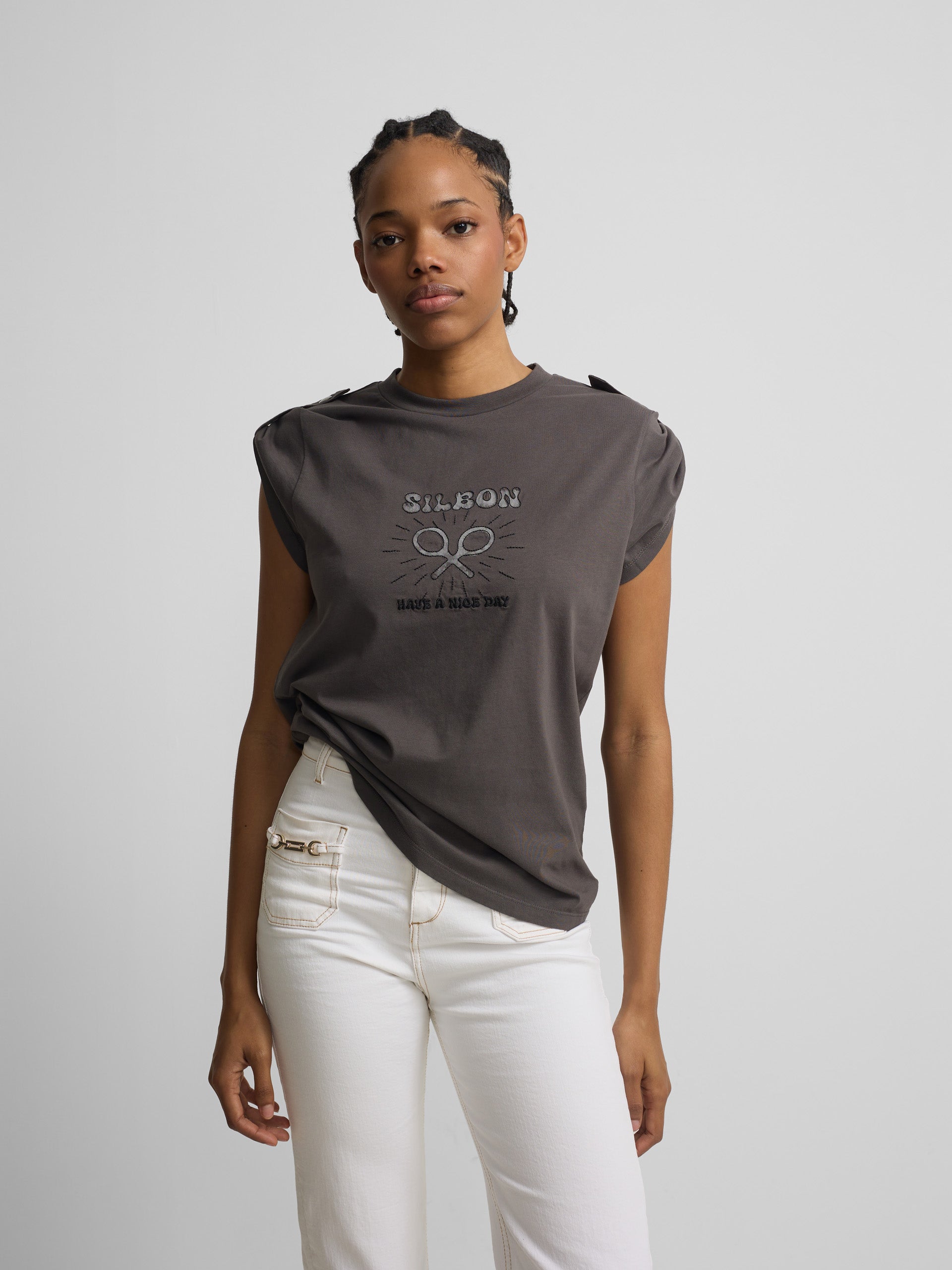 Woman roll out have a nice day black t-shirt