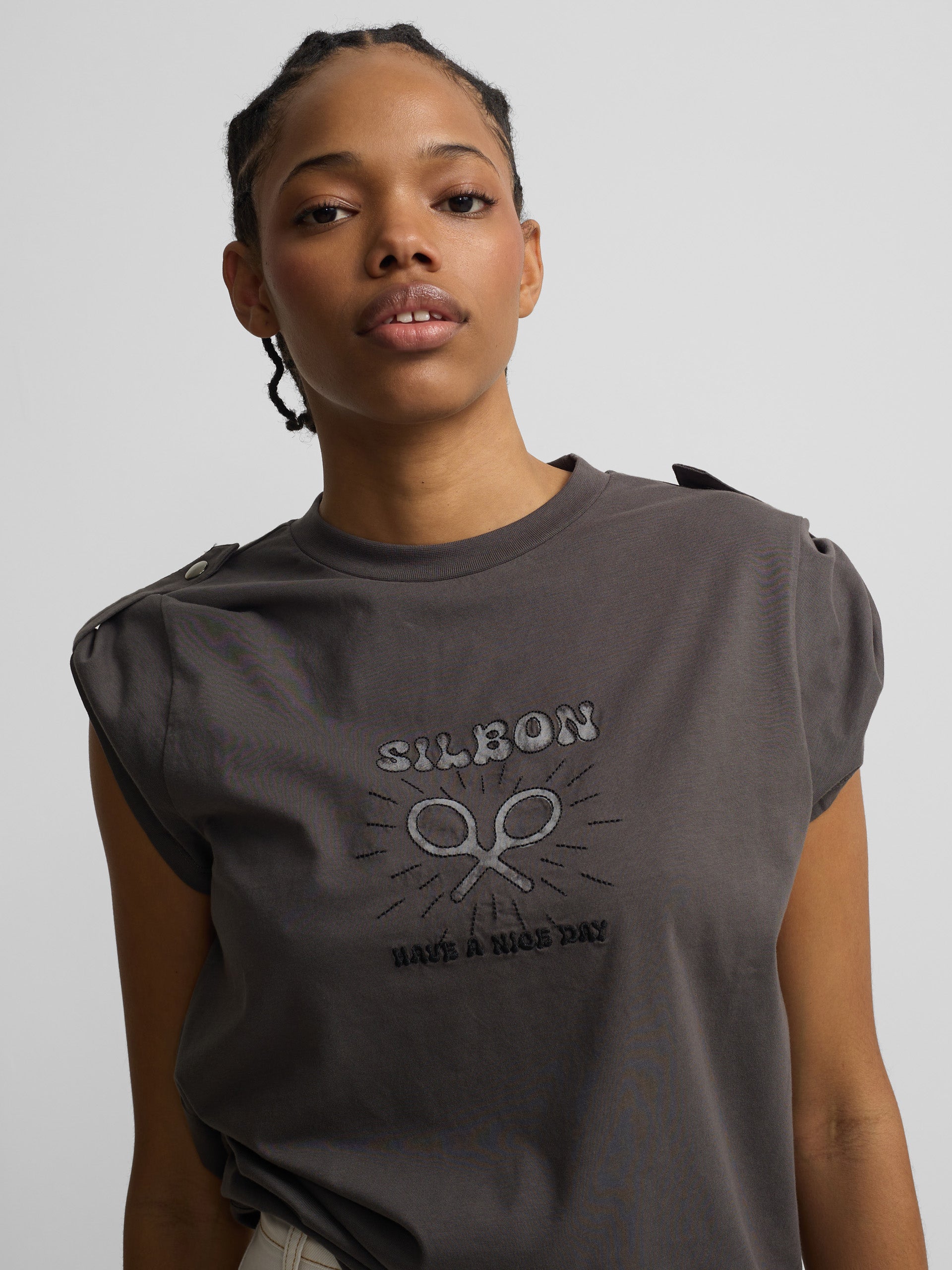 Woman roll out have a nice day black t-shirt