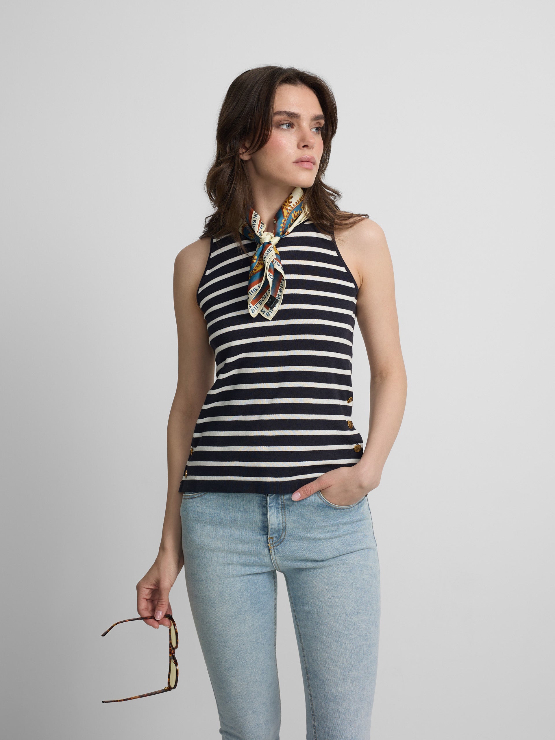 T-shirt en maille rayée marine et écru