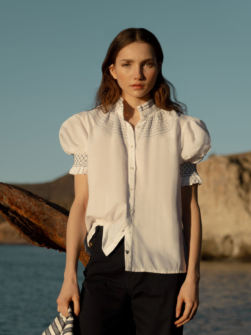 white linen short-sleeved ruched shirt
