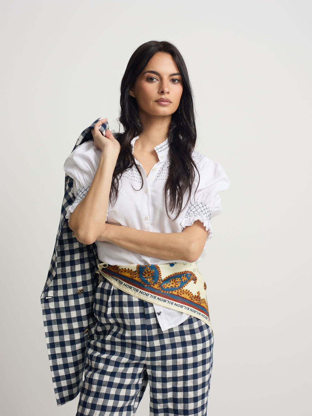 white linen short-sleeved ruched shirt