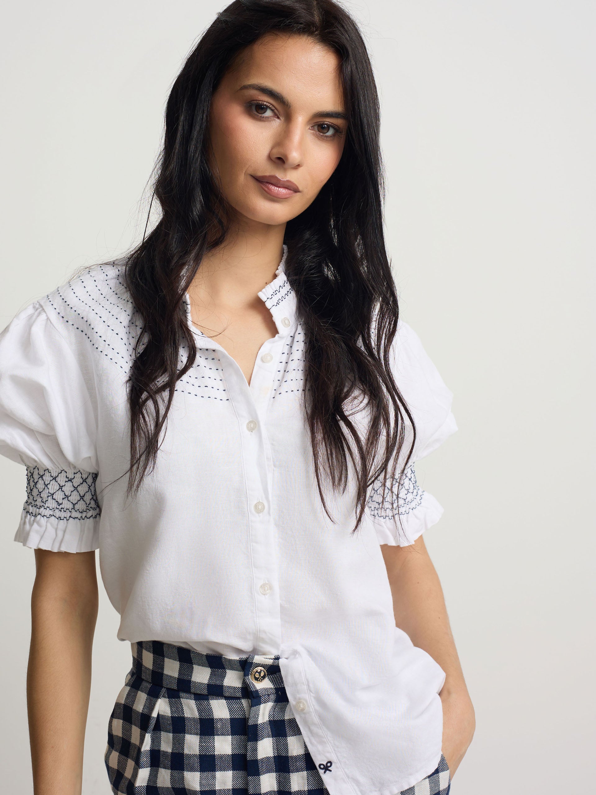 white linen short-sleeved ruched shirt