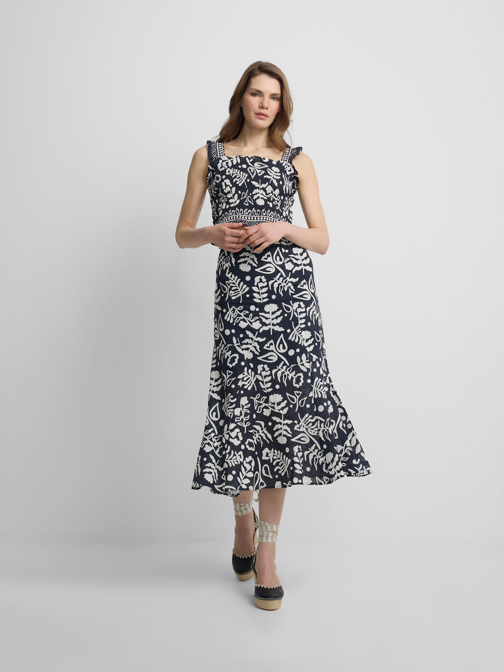 Navy floral print strapless top