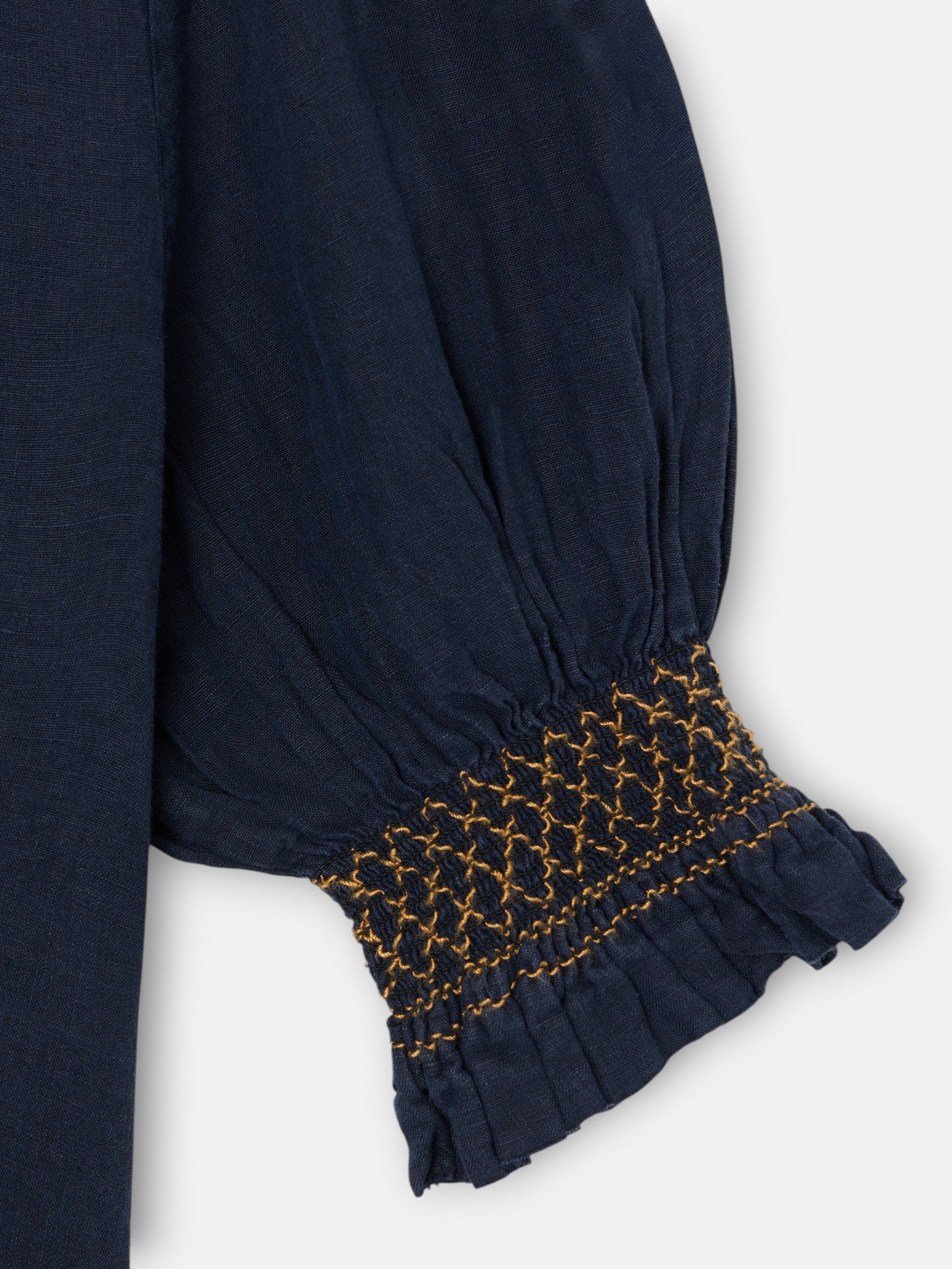 Camisa fruncida manga corta lino marino