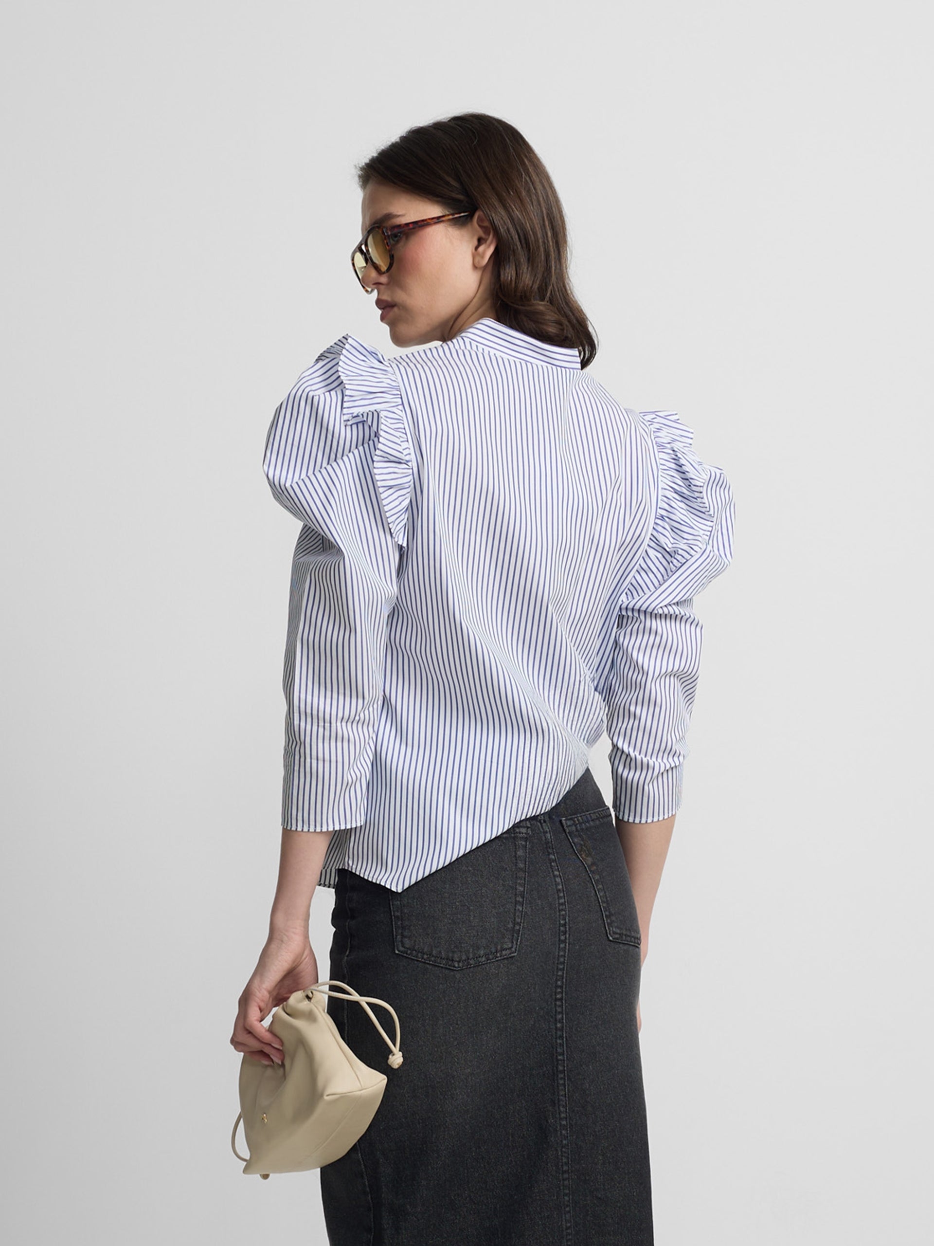 Blue and white striped puff sleeve shirt