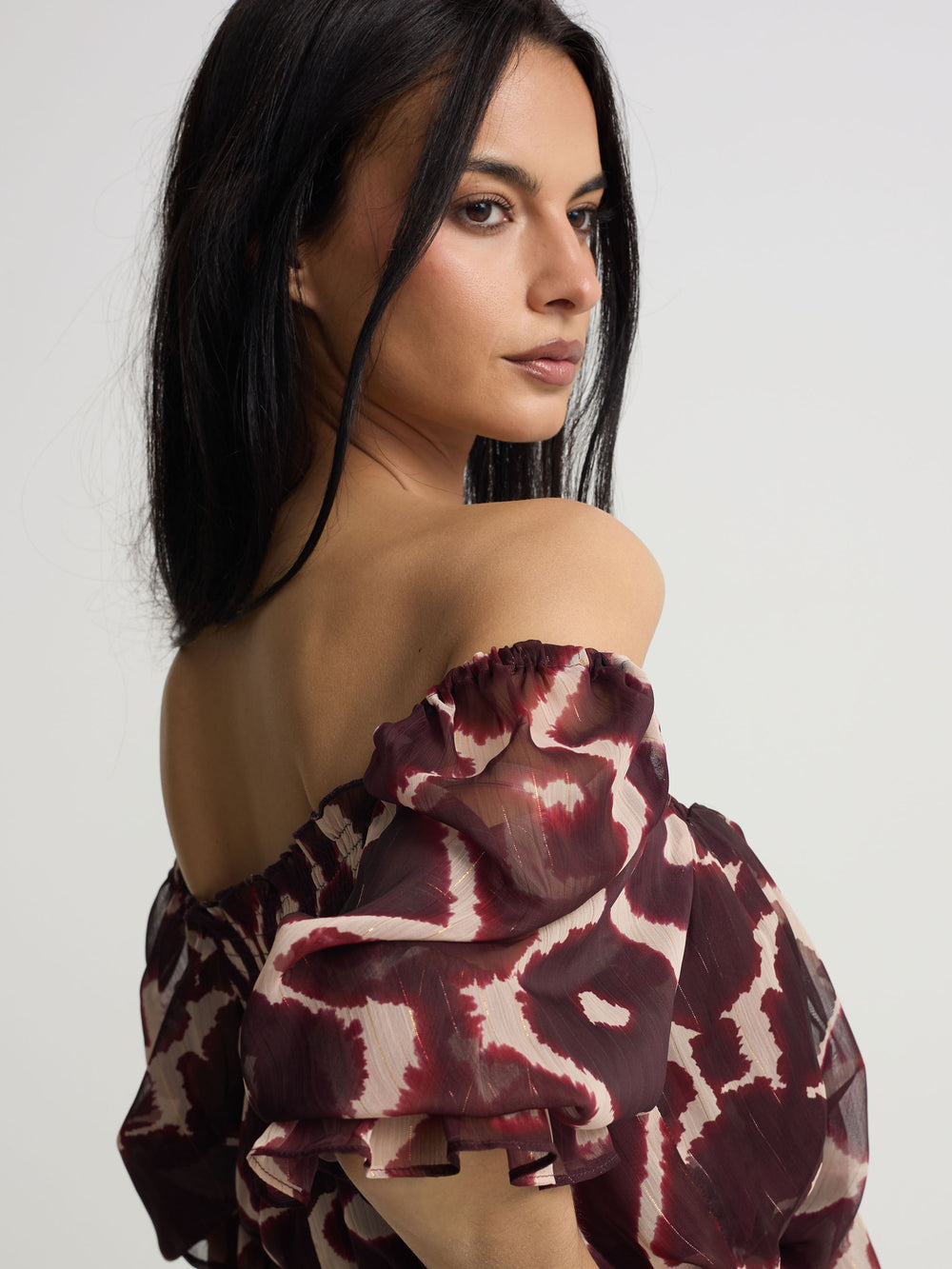 Brown print ruched blouse