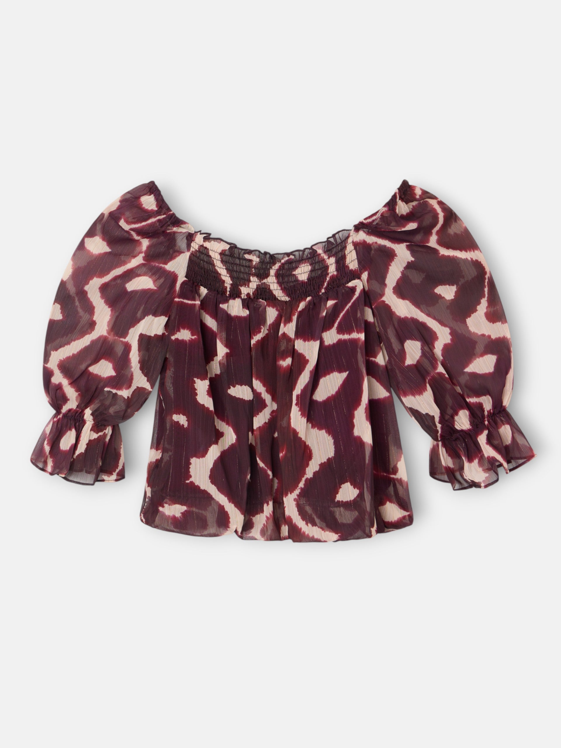 Blusa franzida estampada em tons de castanho