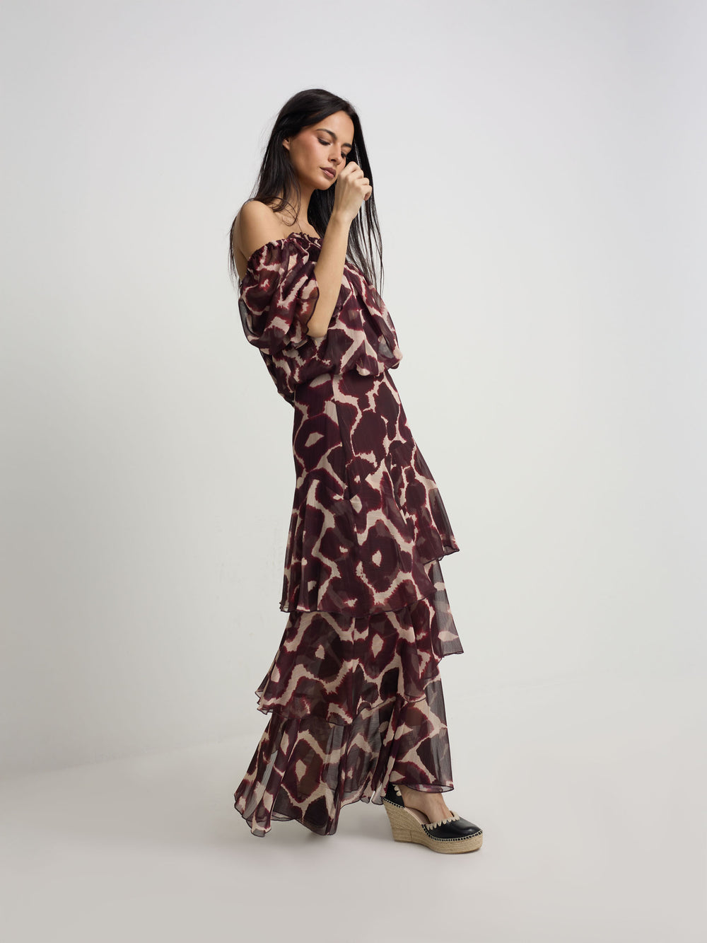 Brown print ruched blouse