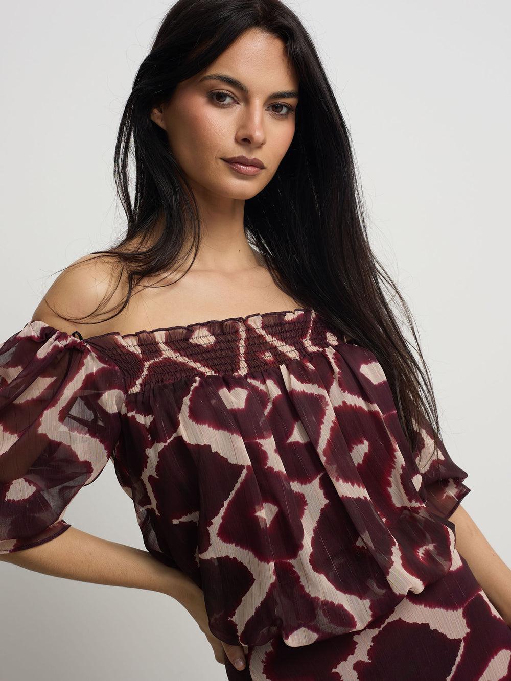 Brown print ruched blouse