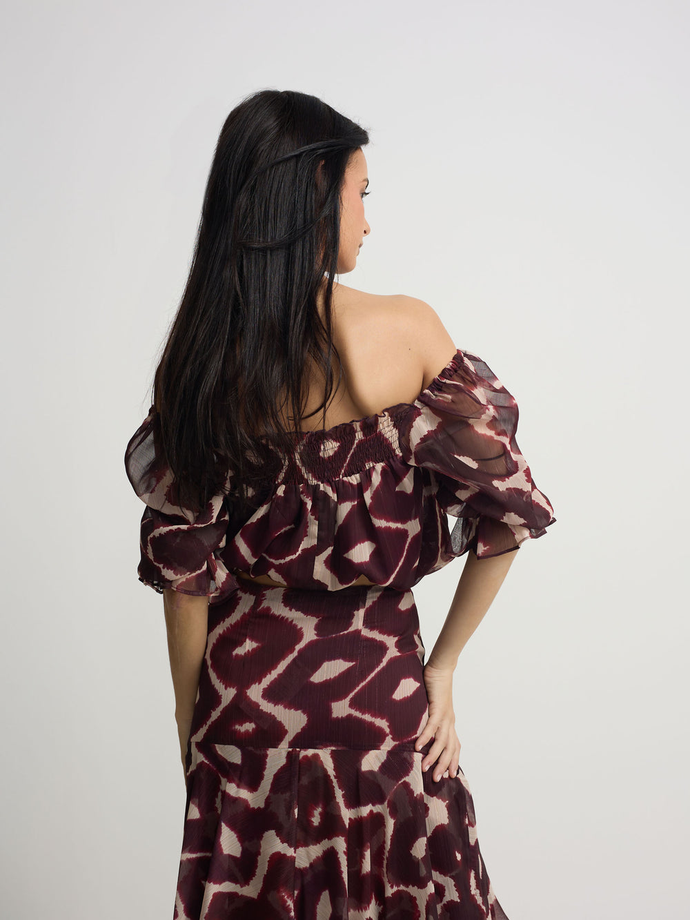 Brown print ruched blouse
