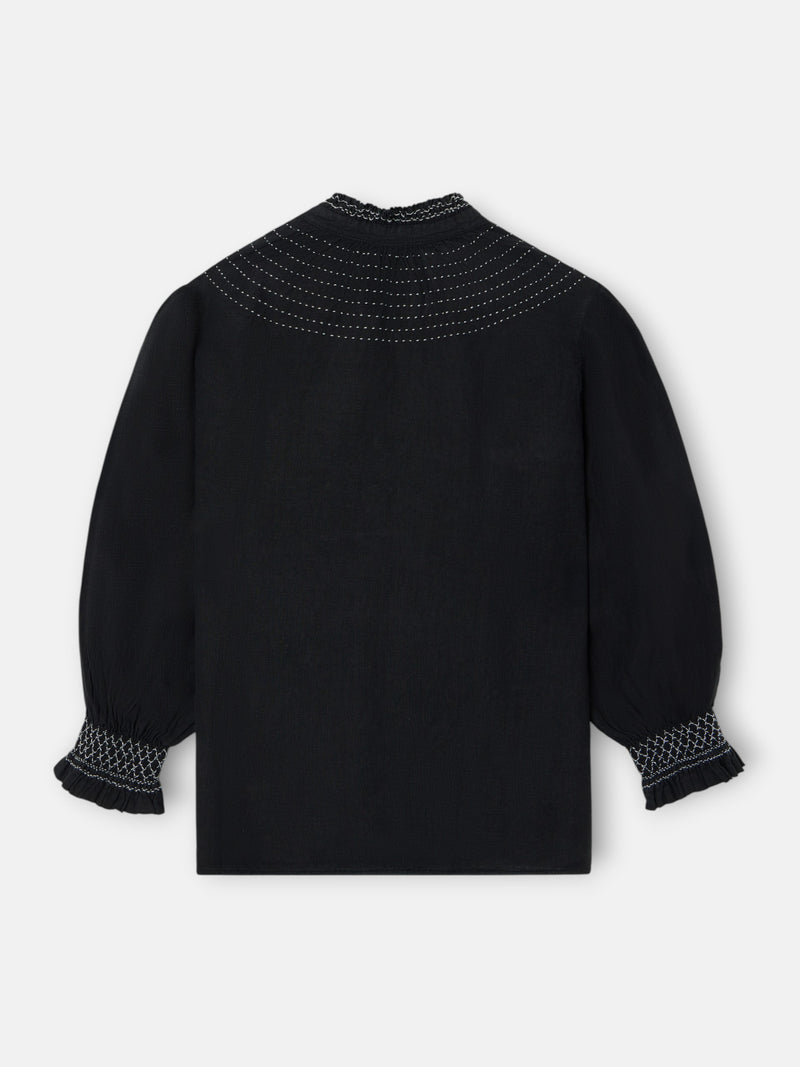 Black long-sleeved gathered linen shirt