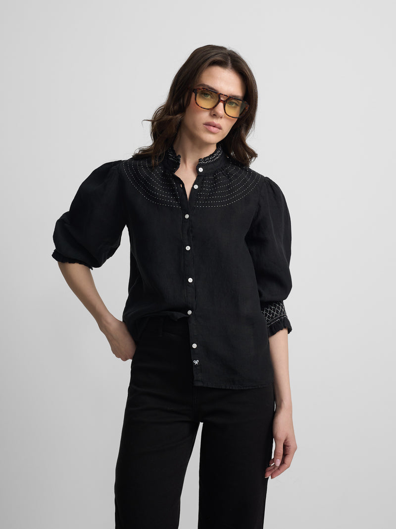 Black long-sleeved gathered linen shirt