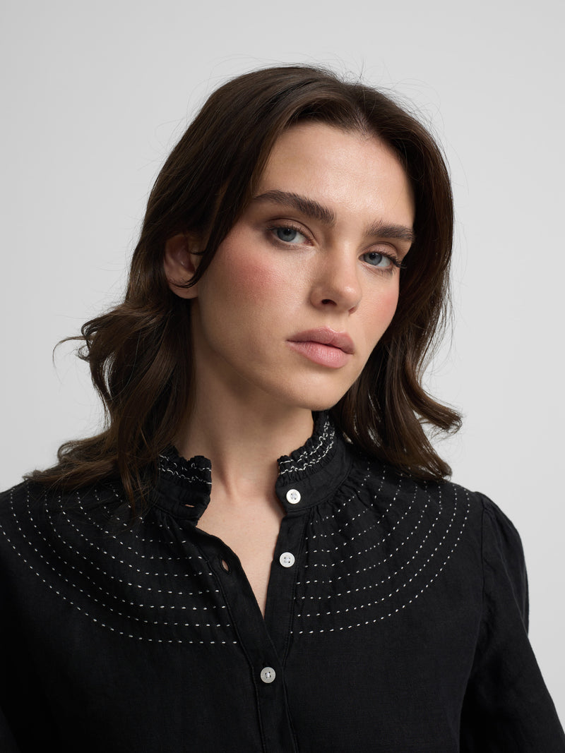 Black long-sleeved gathered linen shirt