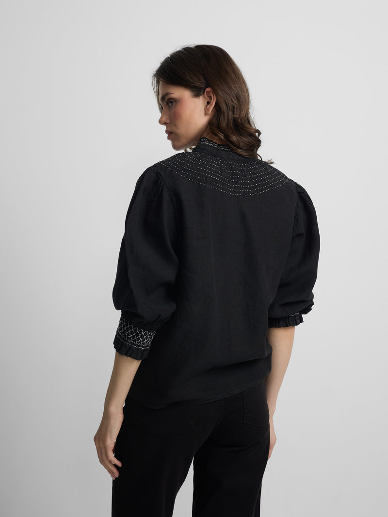 Black long-sleeved gathered linen shirt
