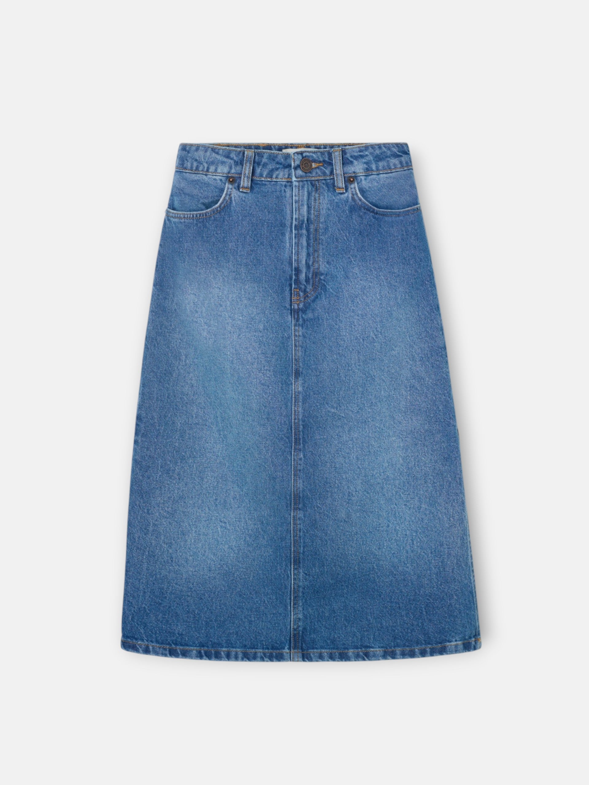 Straight midi skirt with side slit denim