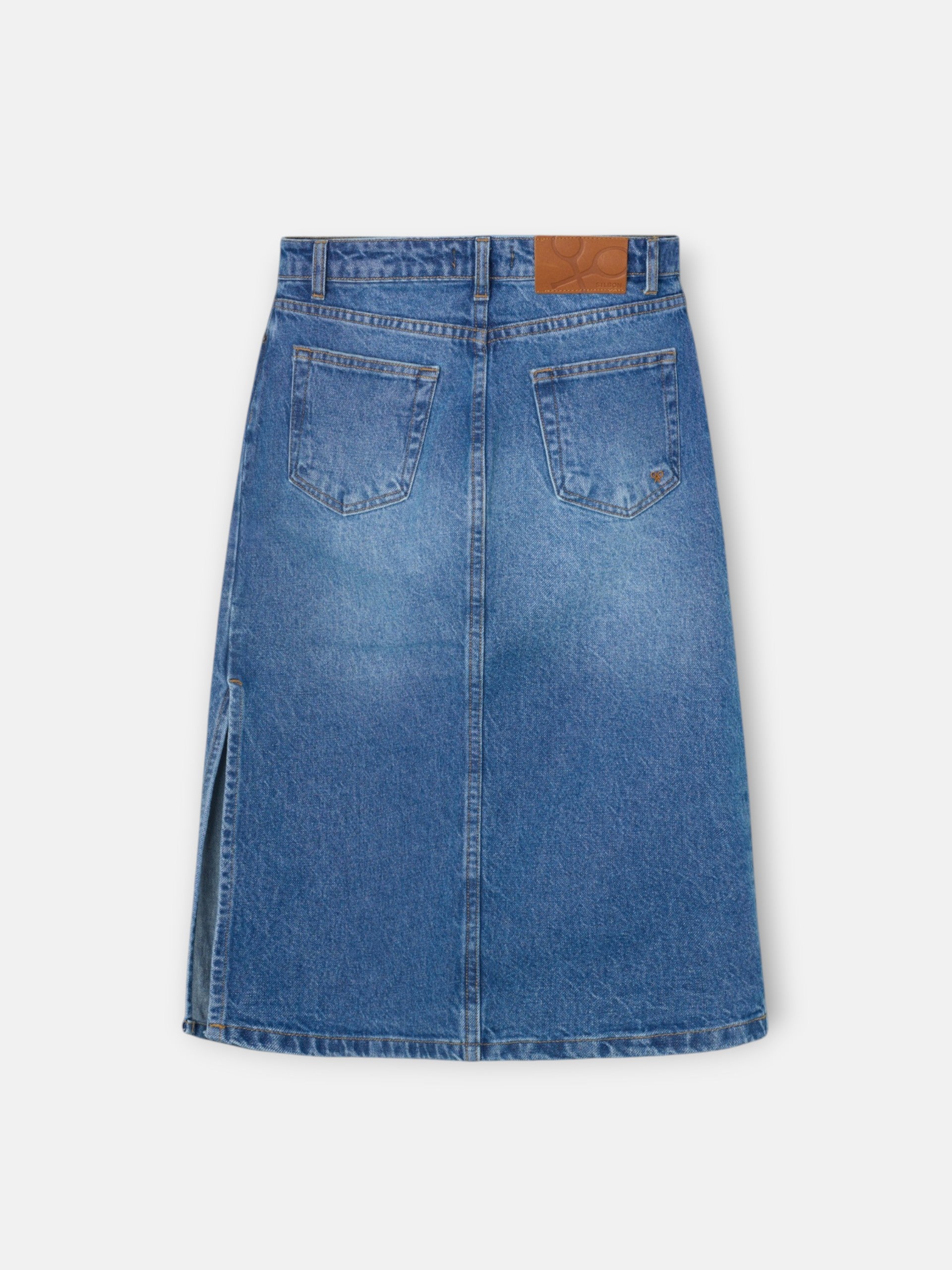 Straight midi skirt with side slit denim