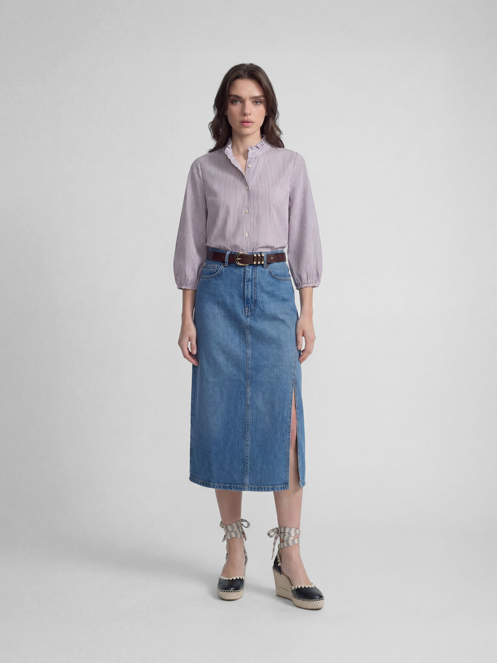 Straight midi skirt with side slit denim