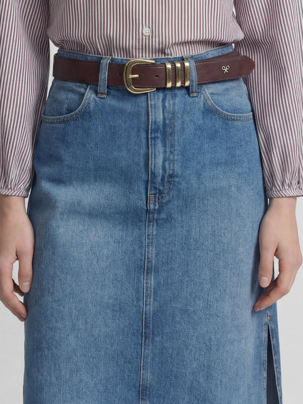 Straight midi skirt with side slit denim