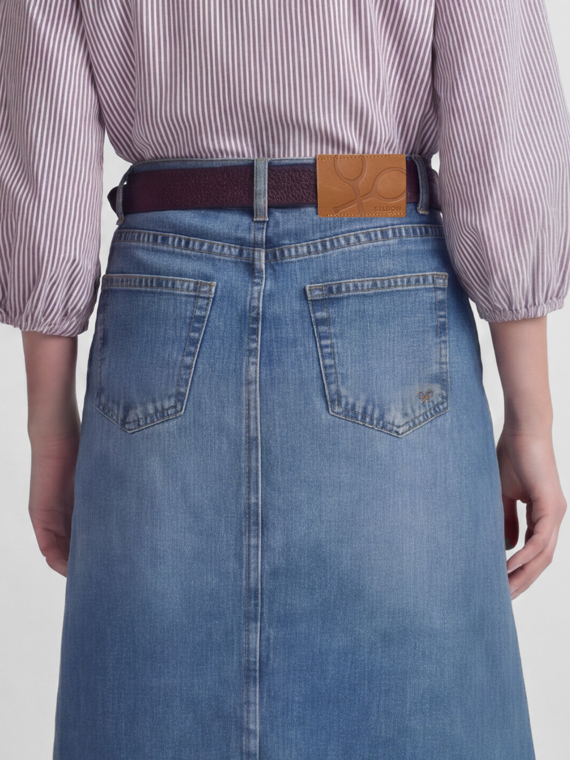 Straight midi skirt with side slit denim