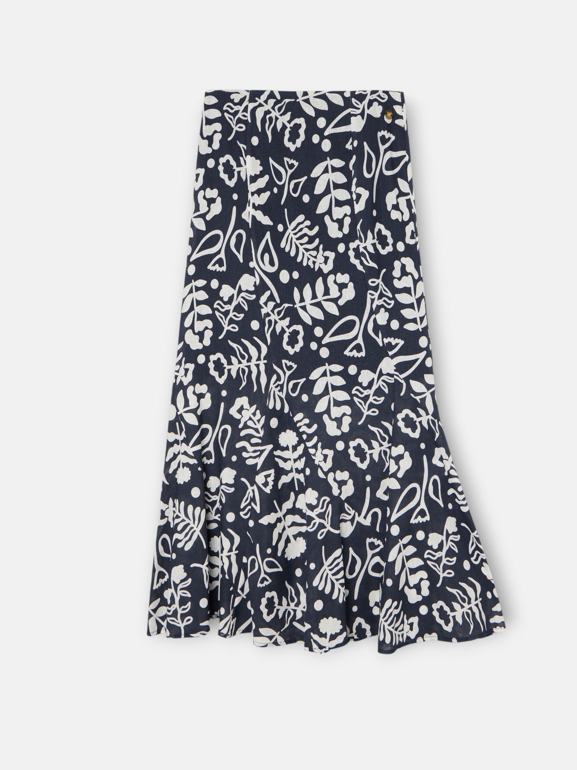 Saia fluida com folhos estampado marinho