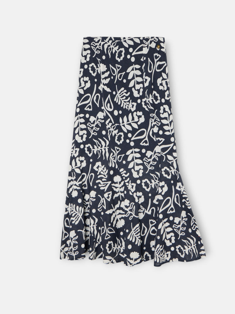Flowy skirt with navy print ruffles