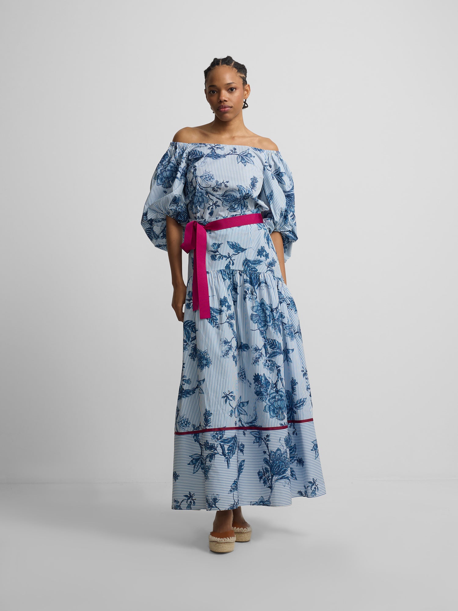 Long skirt with light blue striped print