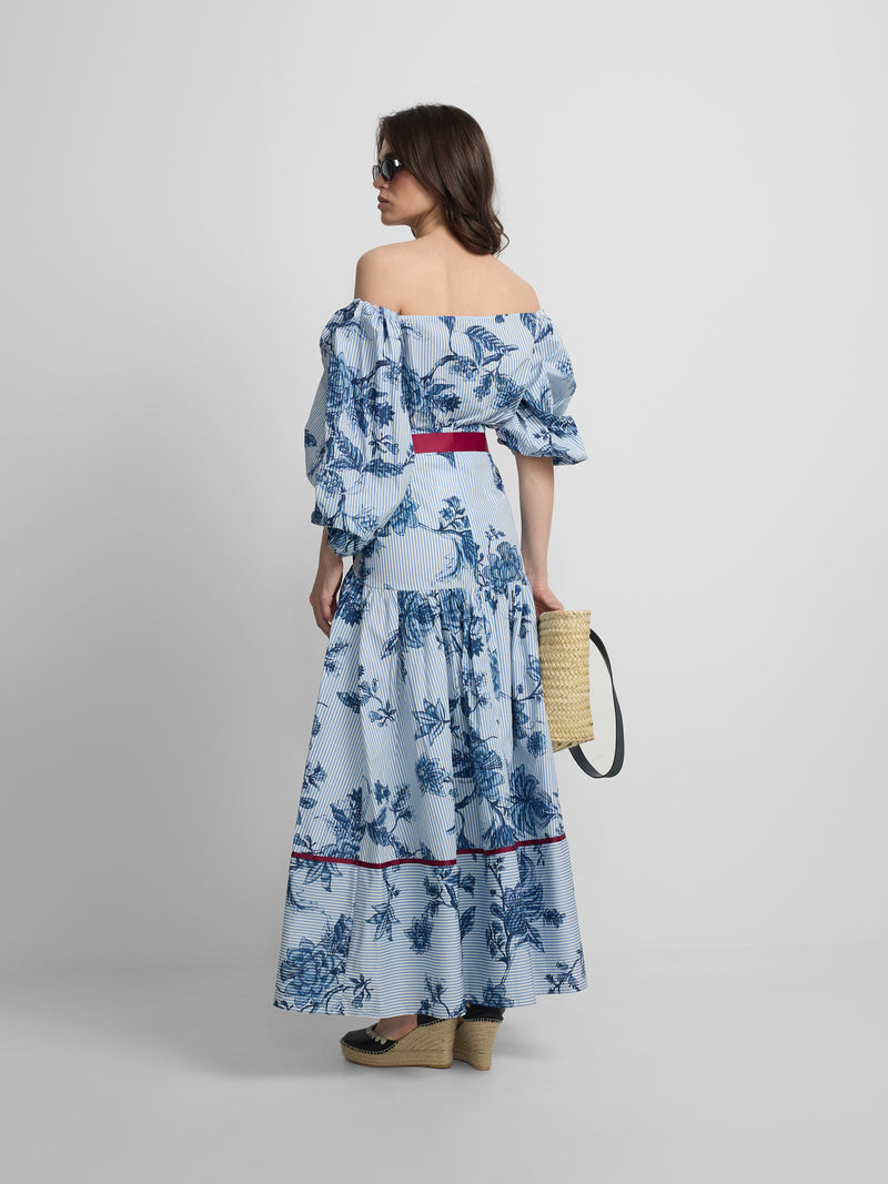 Long skirt with light blue and blue striped print