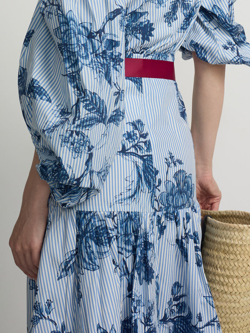 Long skirt with light blue and blue striped print
