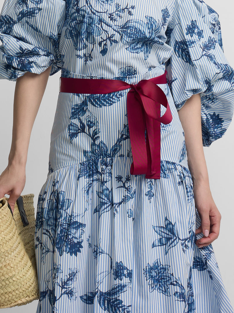 Long skirt with light blue and blue striped print