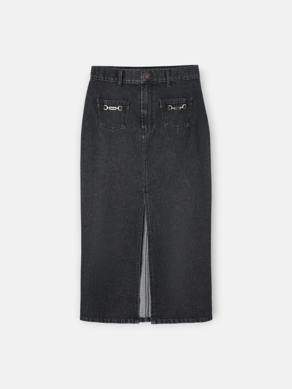 Falda midi recta hebilla denim gris