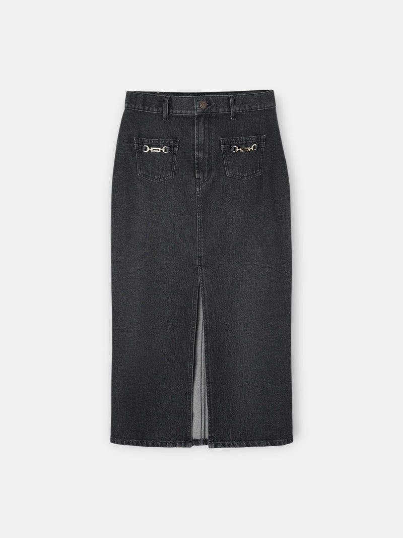 Falda midi recta hebilla denim gris