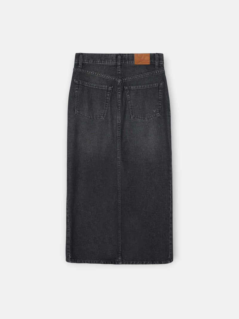 Falda midi recta hebilla denim gris