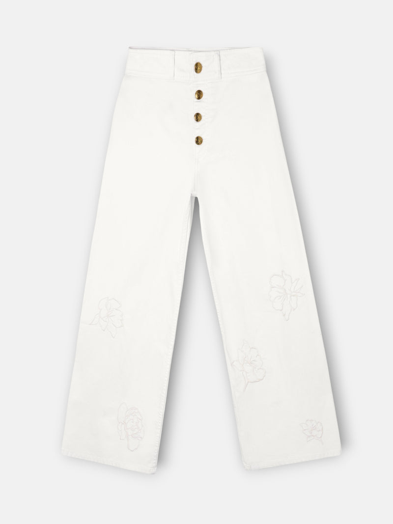 Pantalon bordados flores crudo