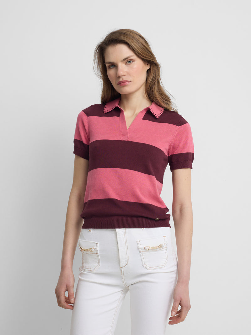 Polo de malha de manga curta com riscas rosas