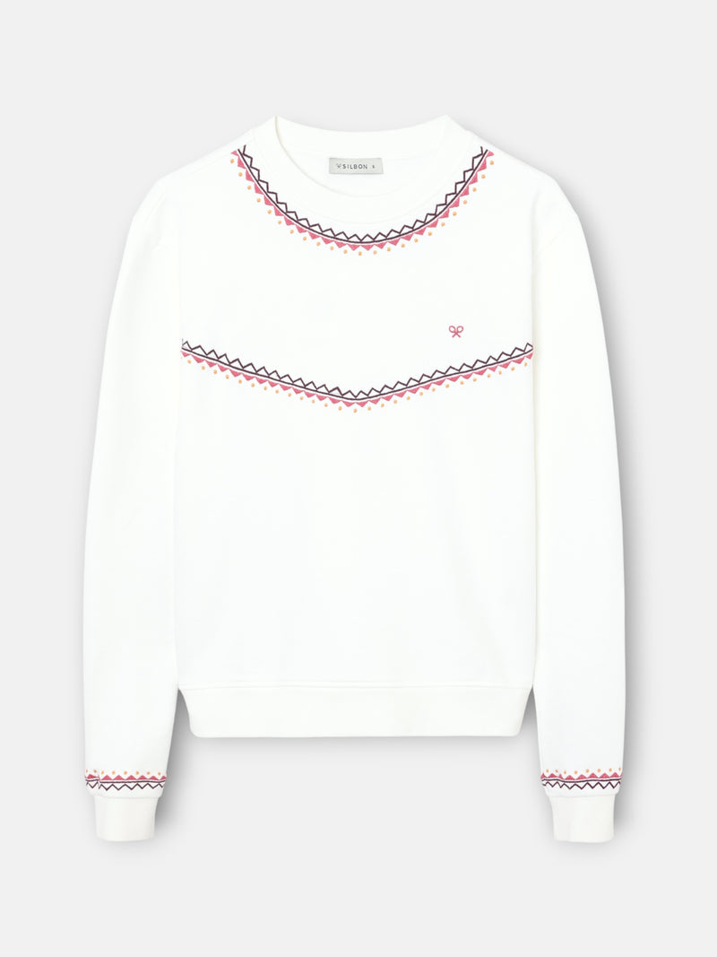 Sweatshirt mulher bordados étnicos cru