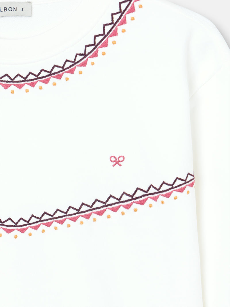 Sweatshirt mulher bordados étnicos cru
