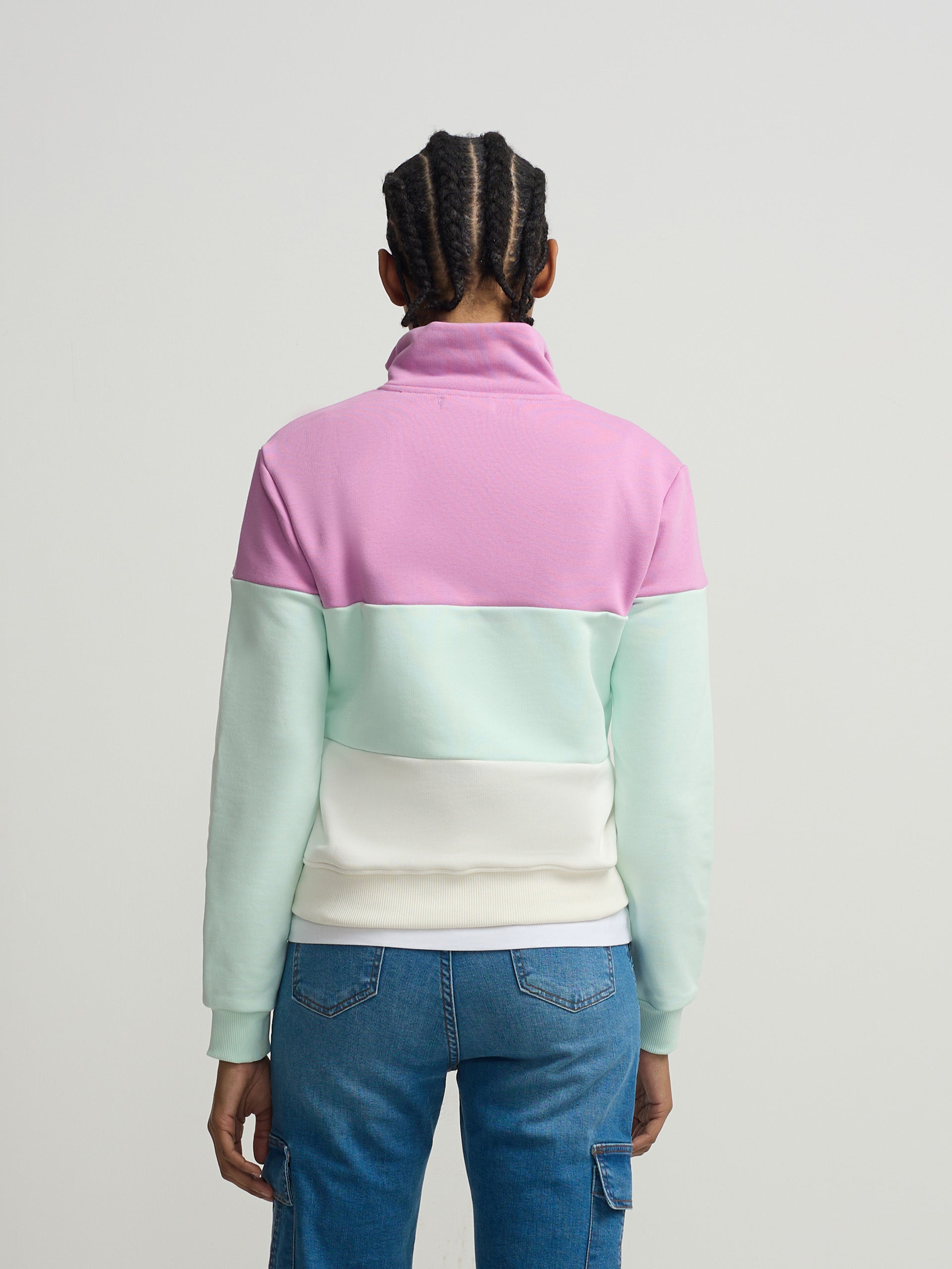 Women's tricolor sweatshirt in purple and green