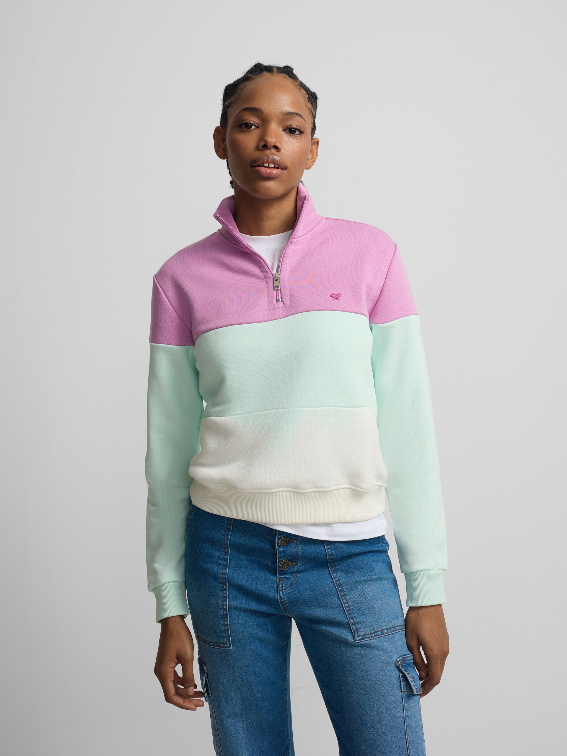 Women's tricolor sweatshirt in purple and green