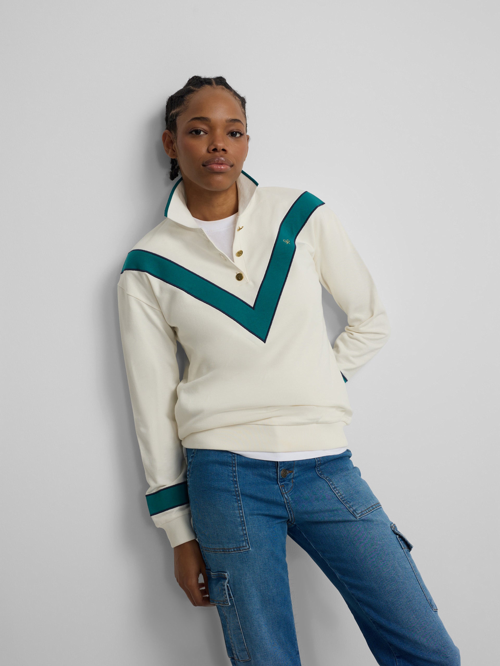 Sweat-shirt femme rétro vert et écru