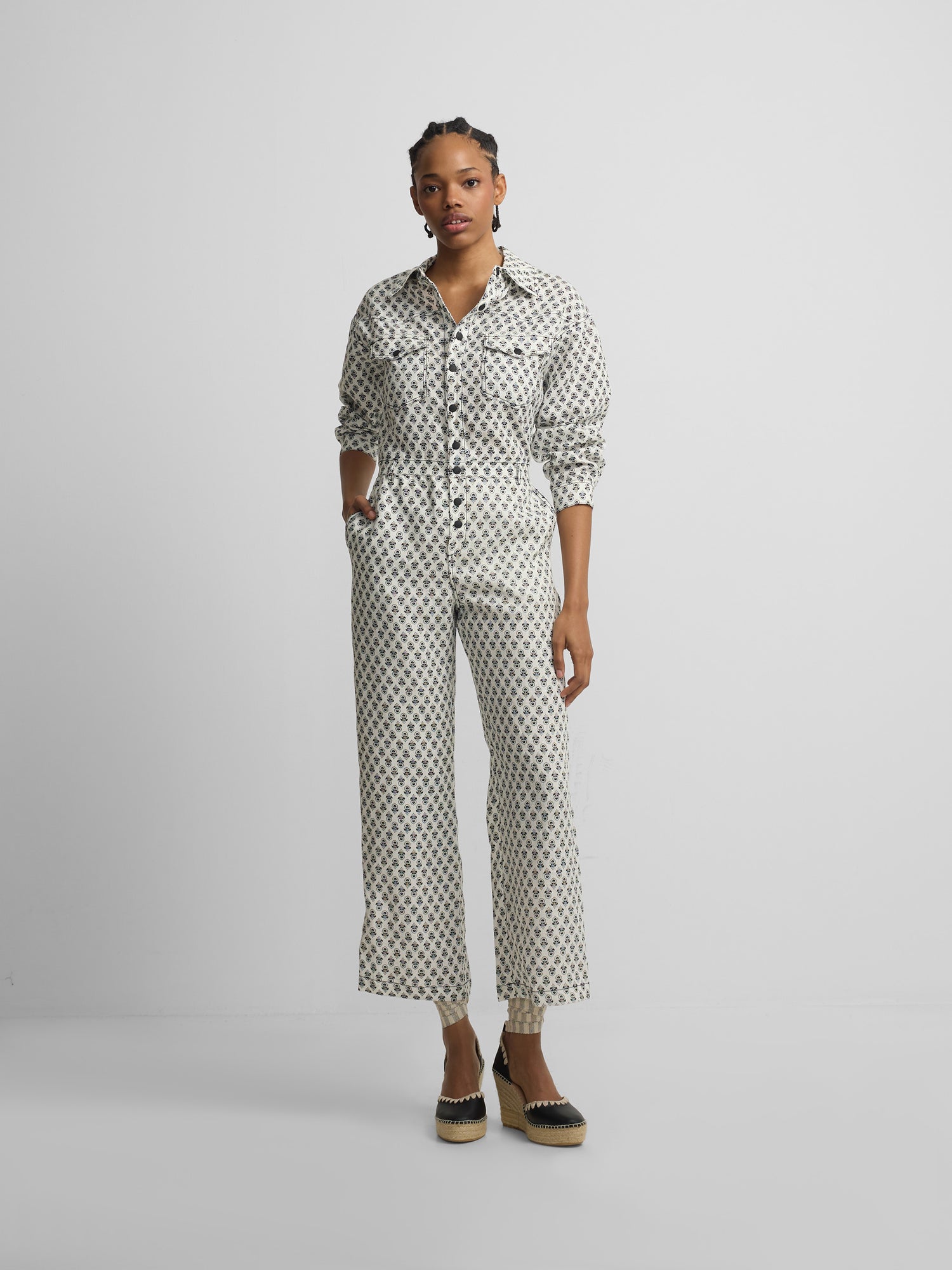 White printed linen jumpsuit
