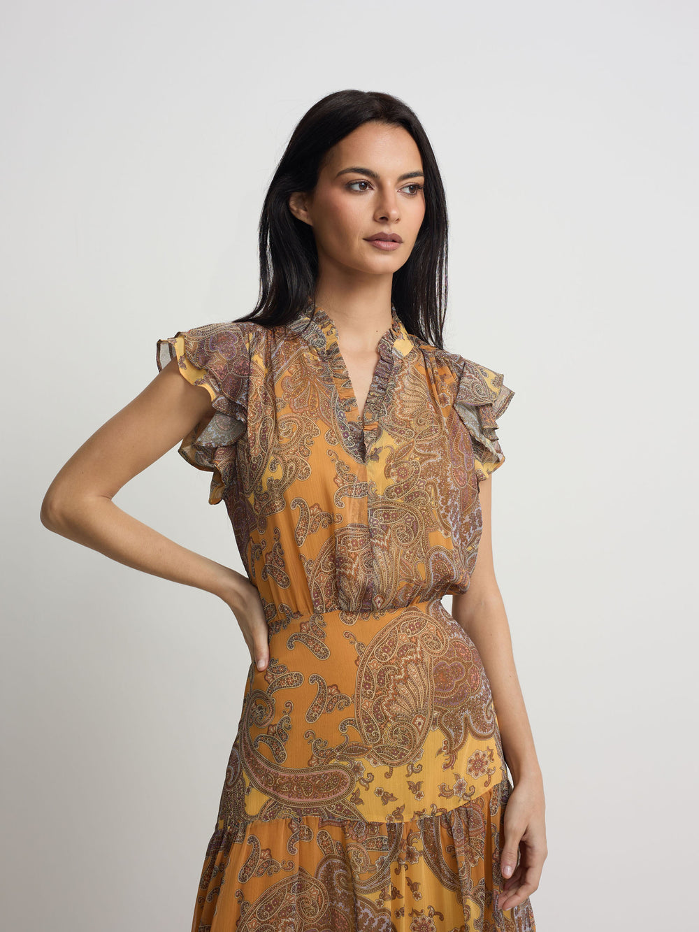 Vestido midi vuelo estampado naranjas