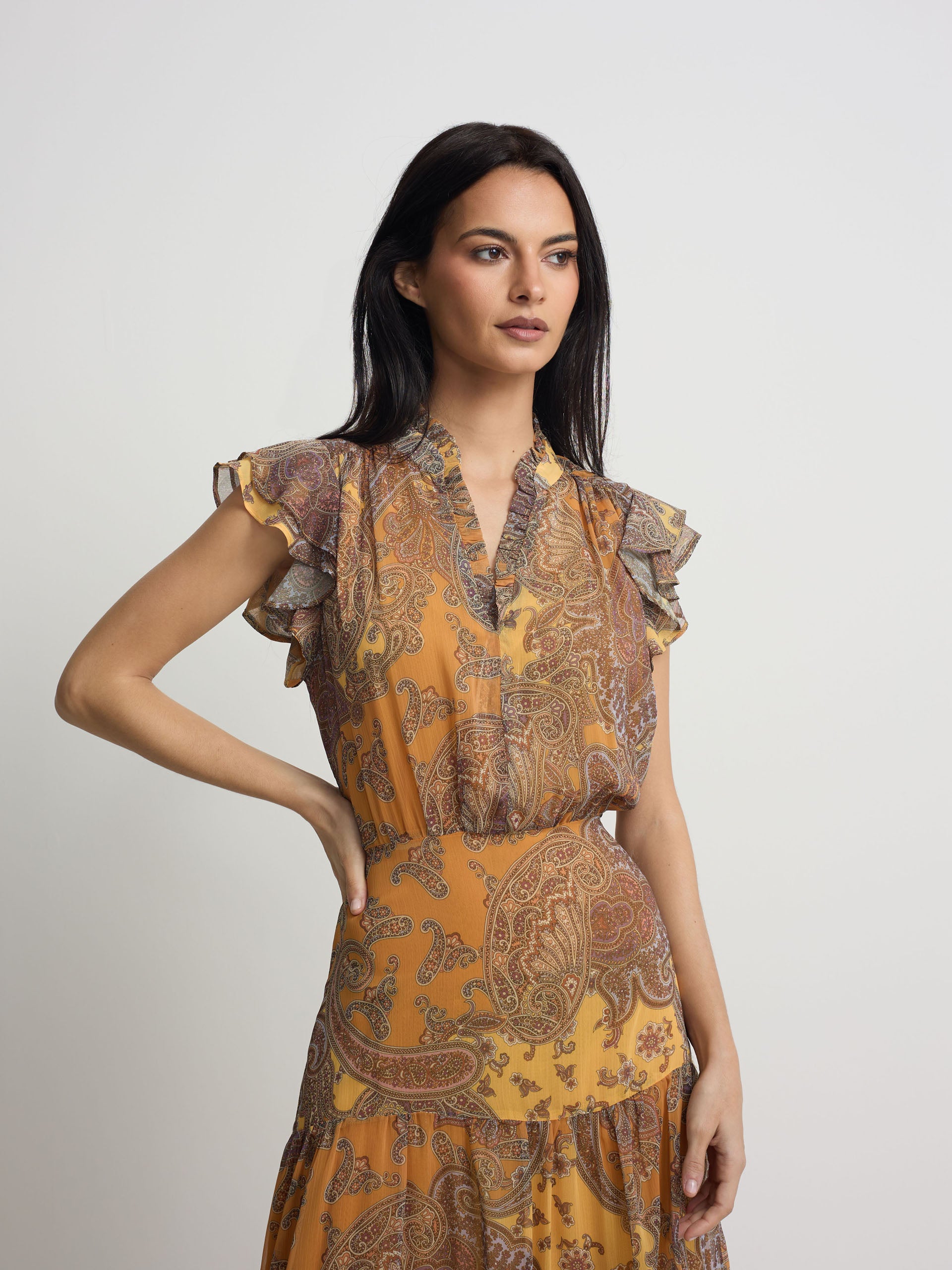 orange print midi flared dress