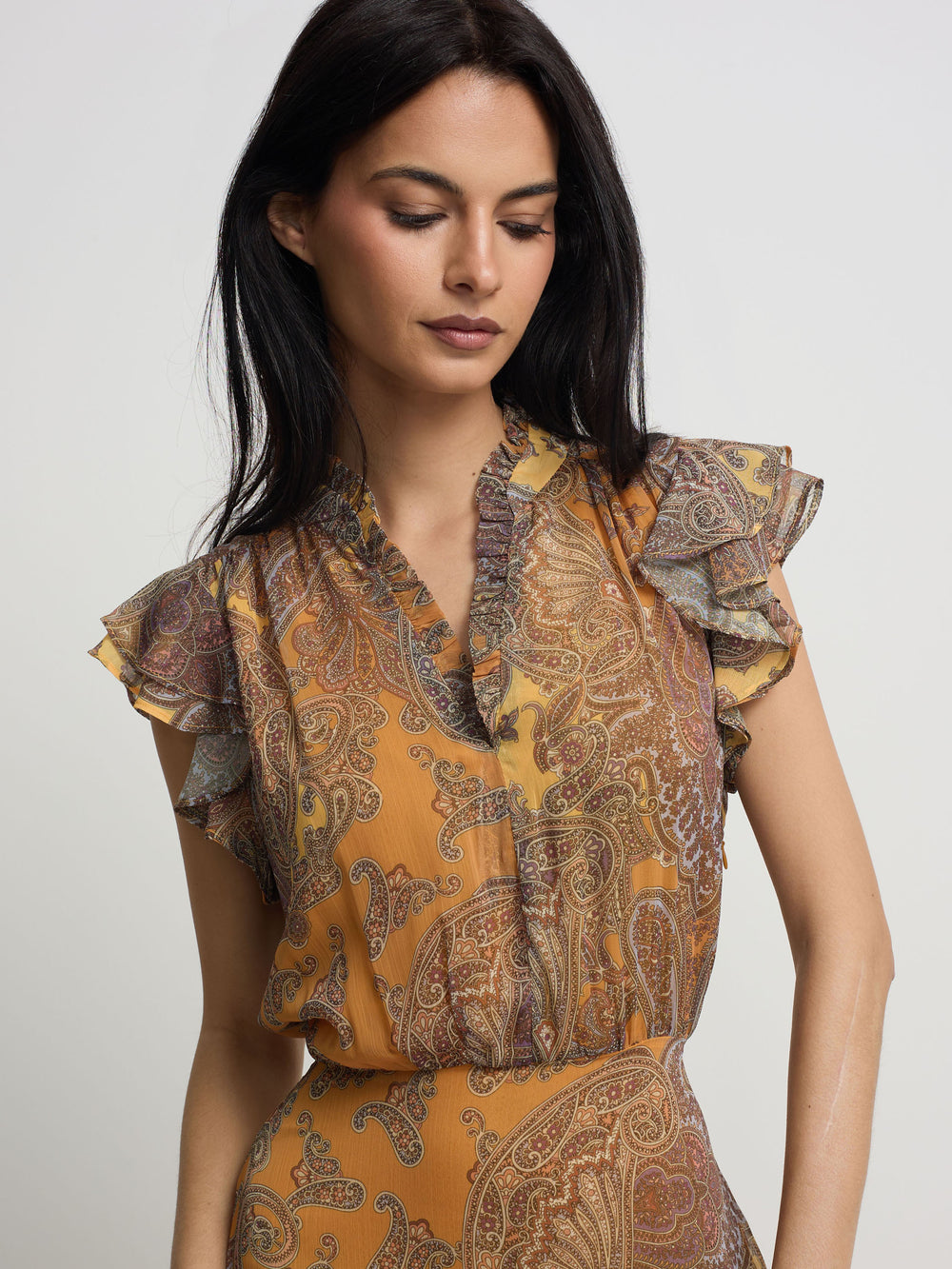 Vestido midi vuelo estampado naranjas