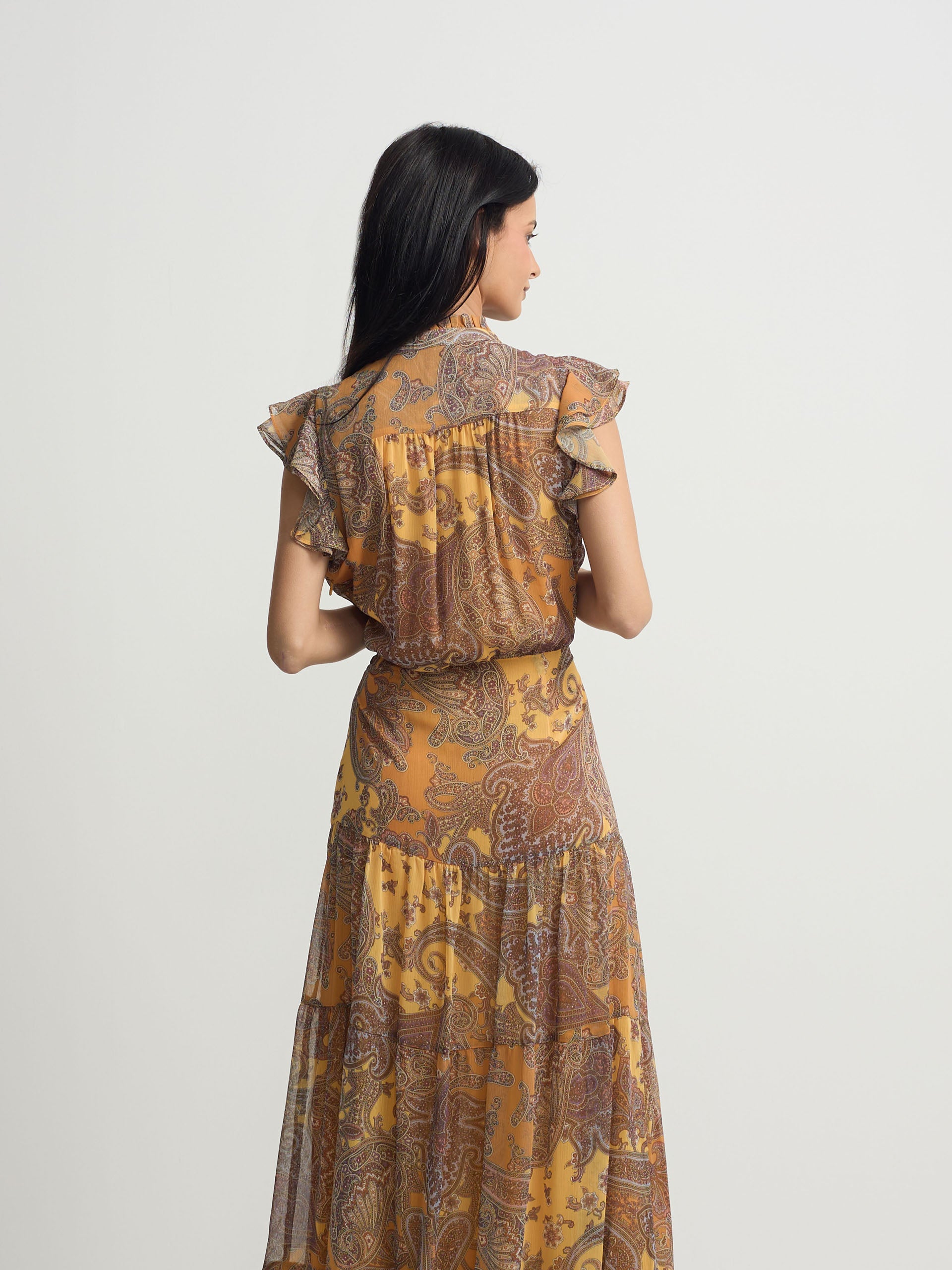 orange print midi flared dress