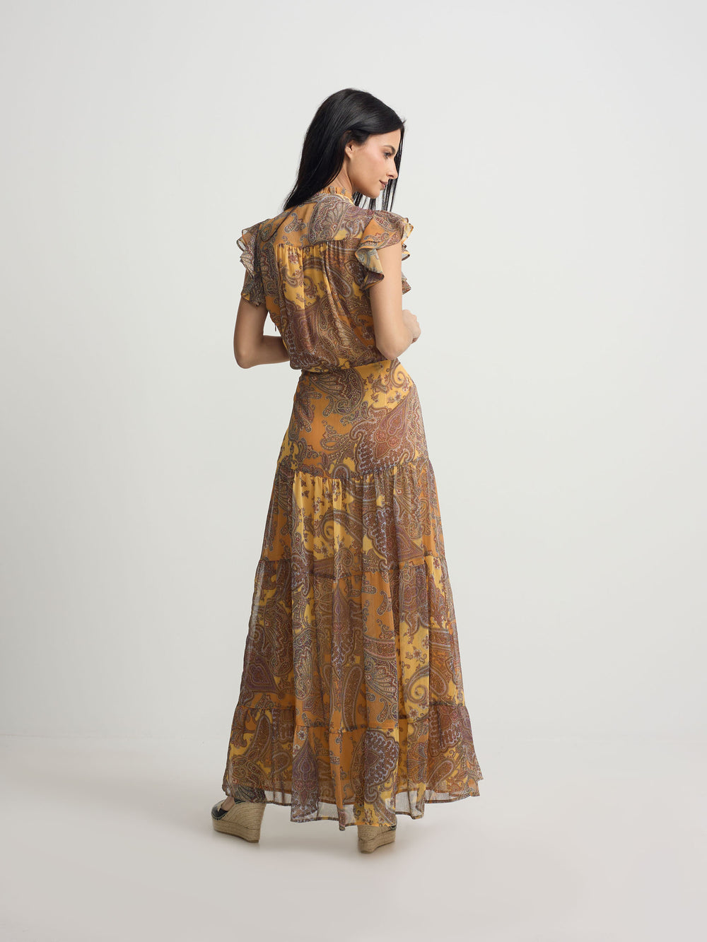 Vestido midi vuelo estampado naranjas