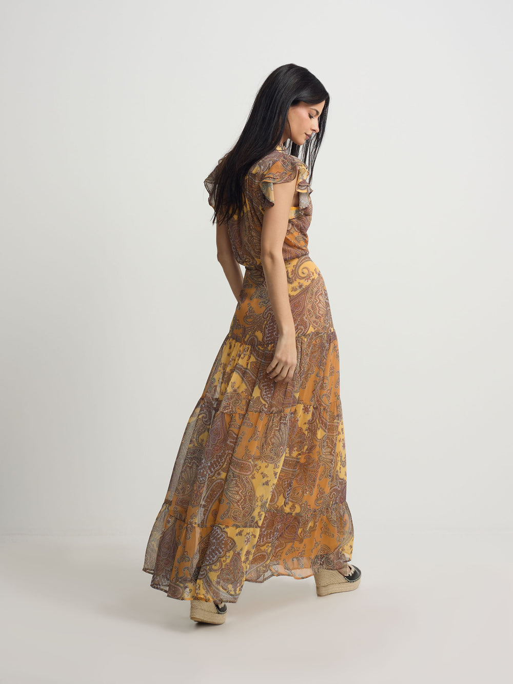 Vestido midi vuelo estampado naranjas